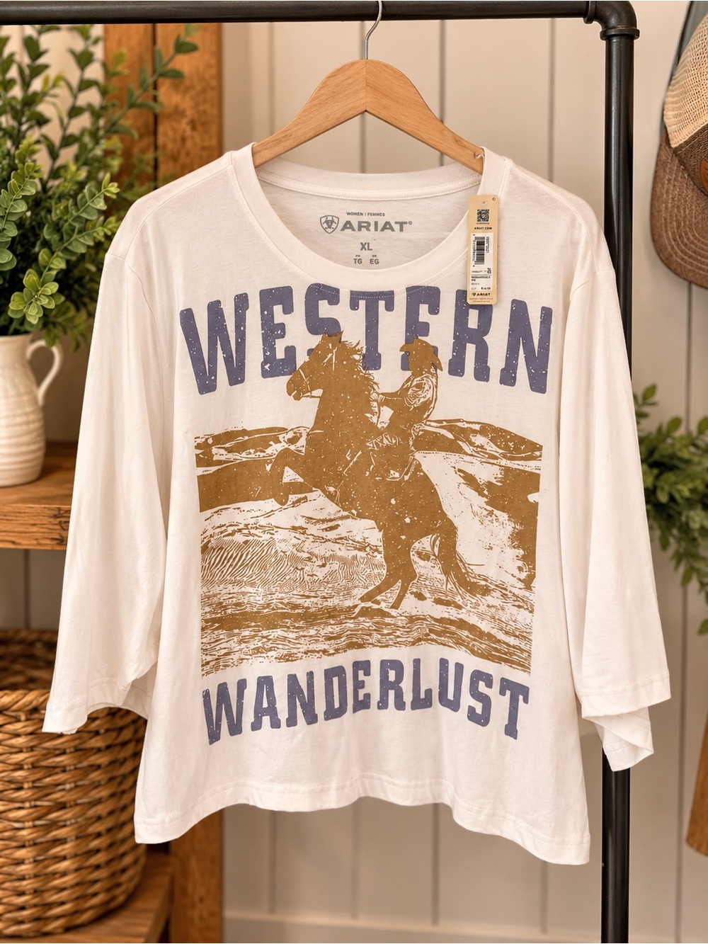 Ariat White 3/4 Sleeve 'Western Wanderlust' Graphic Tee with Gold & Blue Print